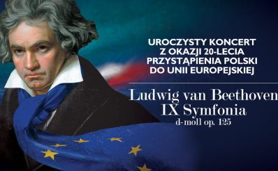 Plakat zapraszający w niedzielę 12 maja 2024 r. do Olsztyna na koncert z okazji 20-lecia przystąpienia Polski do Unii Europejskiej Hala Urania 2024.