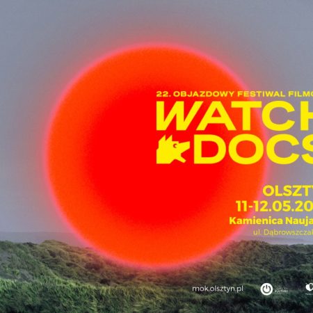 Plakat zapraszający w dniach 11-12 maja 2024 r. do Olsztyna na Objazdowy Festiwal Filmowy WATCH DOCS Olsztyn 2024.