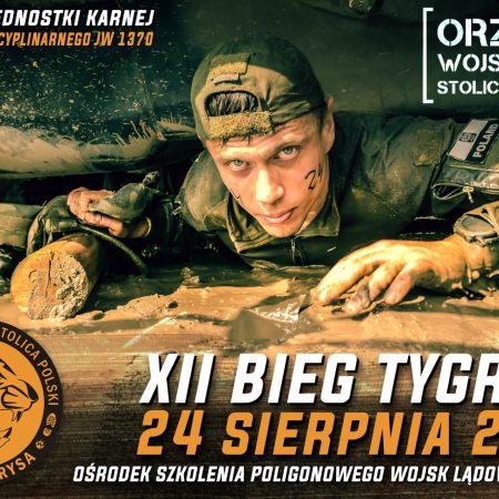 Plakat zapraszający w sobotę 24 sierpnia 2024 r. do Orzysza na 12. edycję Biegu Tygrysa Orzysz 2024.