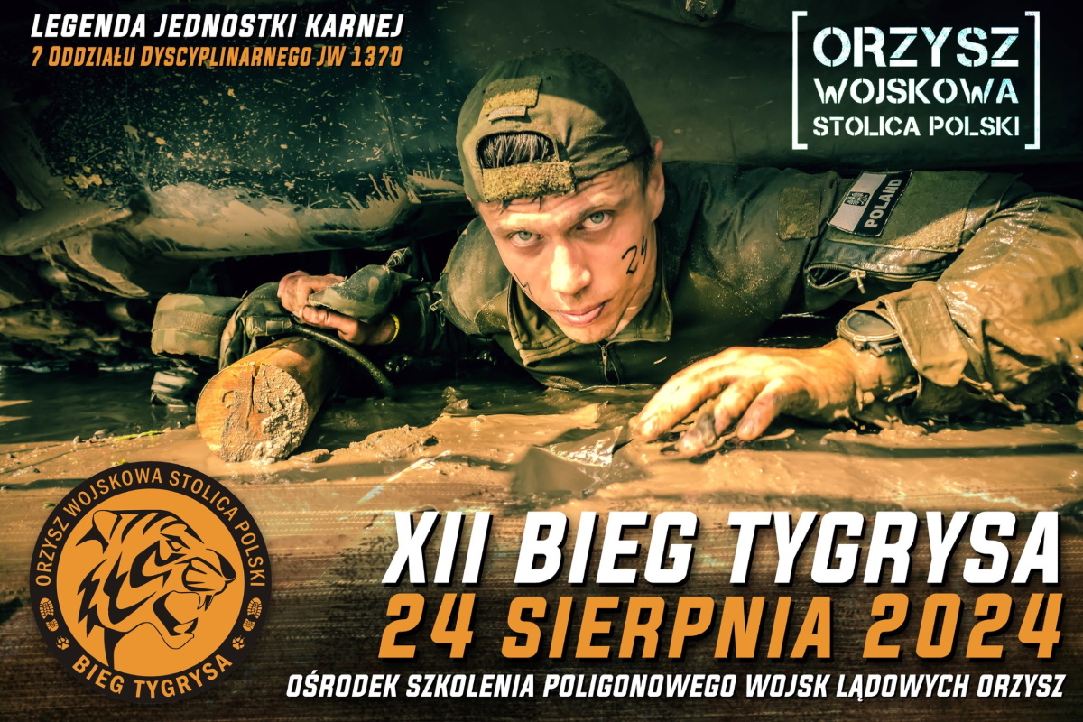 Plakat zapraszający w sobotę 24 sierpnia 2024 r. do Orzysza na 12. edycję Biegu Tygrysa Orzysz 2024.