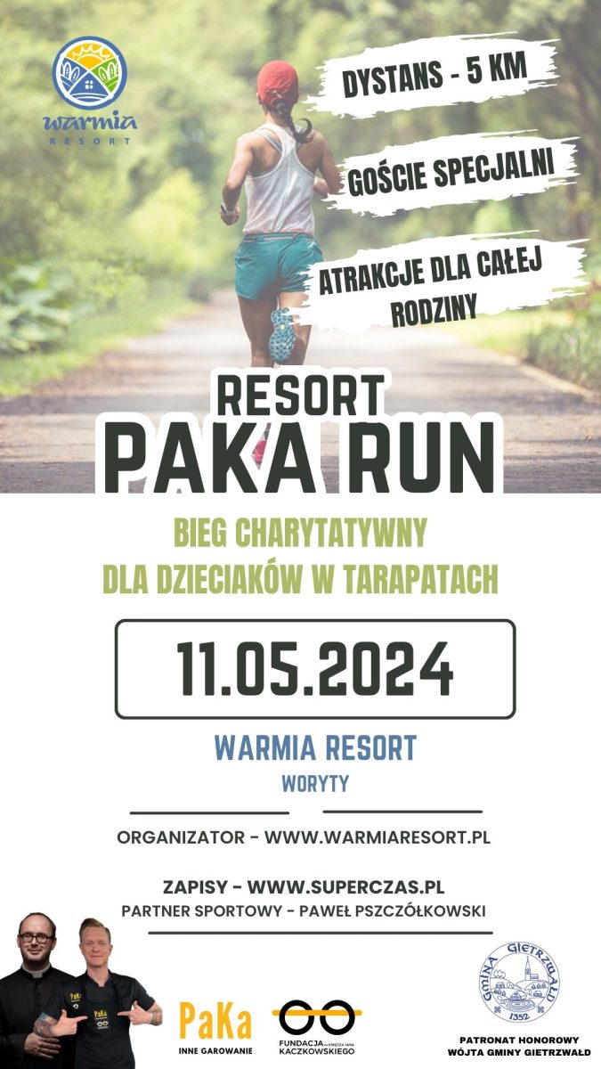 Plakat zapraszający do miejscowości Woryty k. Gietrzwałdu na Bieg Charytatywny Resort Paka Run 2024 Woryty.. 