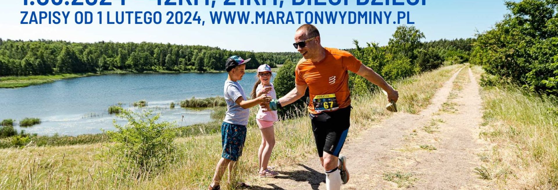 Plakat zapraszający w dniach od 30 maja do 1 czerwca 2024 r. do Wydmin na kolejną edycję Maratonu Wydminy 2024 wokół Jeziora Wydmińskiego.
