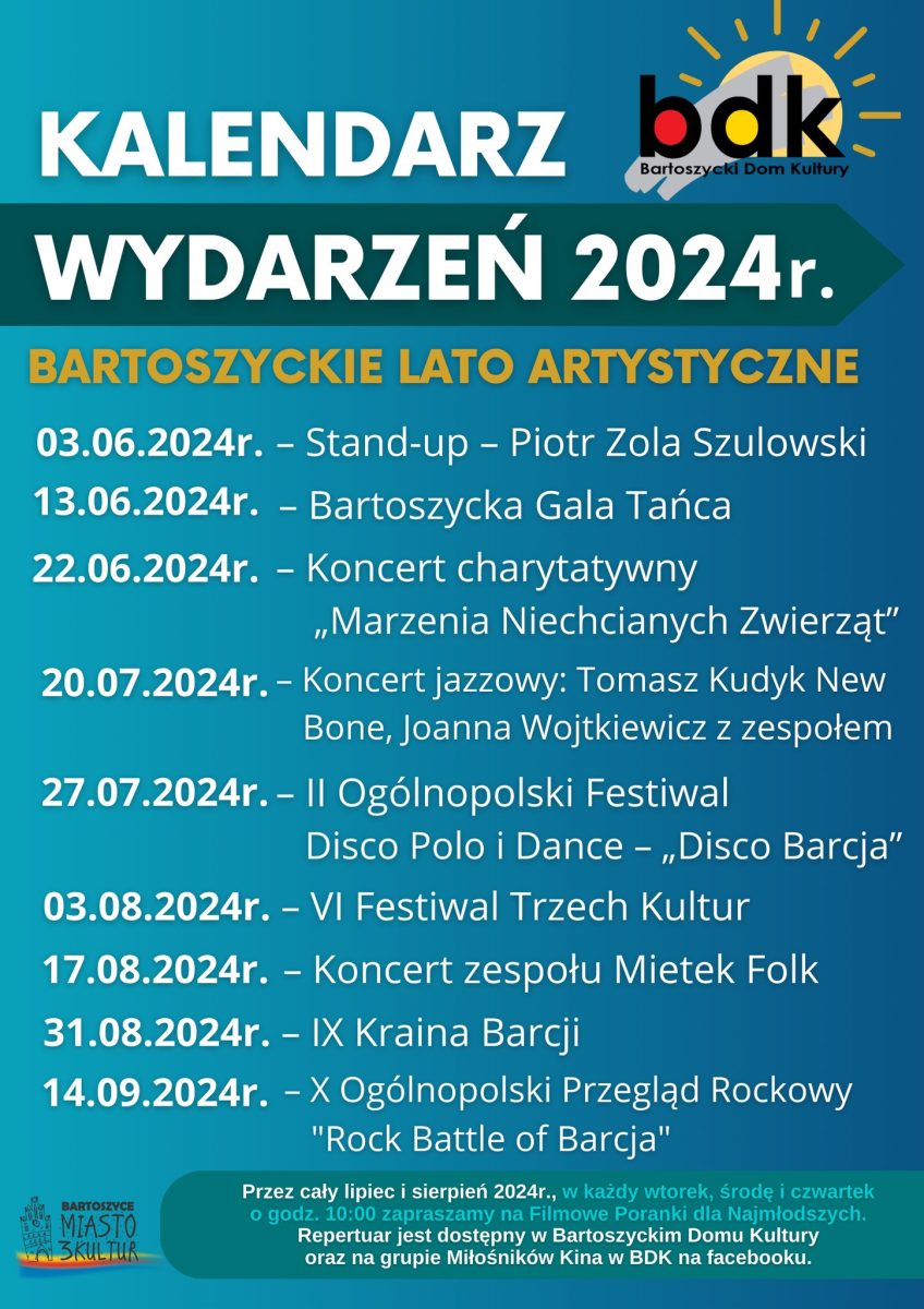 Kalendarz wydarzeń w Bartoszycach. Bartoszyckie Lato Artystyczne 2024.