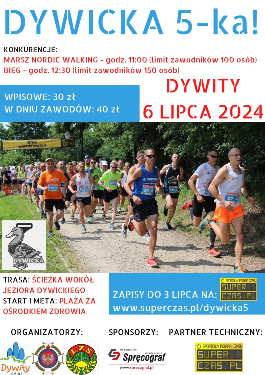 Plakat zapraszający w sobotę 6 lipca 2024 r. do Dywit na kolejną edycję Biegu Dywicka 5-ka Dywity 2024.