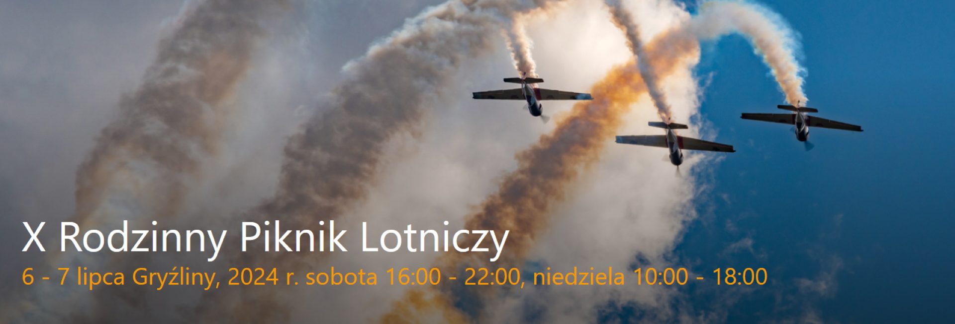 Plakat zapraszający w dniach 6-7 lipca 2024 r. do miejscowości Gryźliny w gminie Stawiguda na 10. edycję Rodzinnego Pikniku Lotniczego Gryźliny 2024.