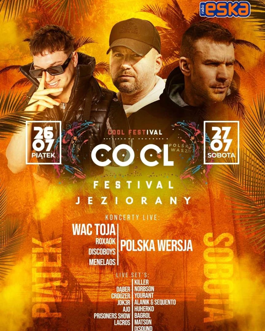 Plakat zapraszający w dniach 26-27 lipca 2024 r. do Jezioran na Cool Festival Jeziorany 2024.