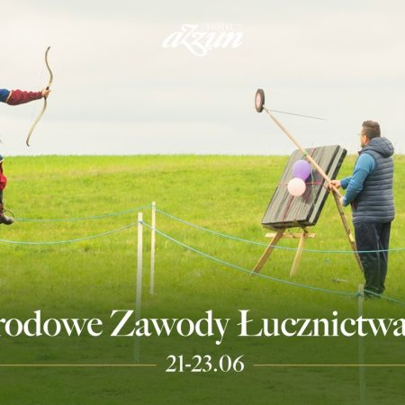 Plakat zapraszający w dniach 21-23 czerwca 2024 r. do miejscowości Kromerowo  gminie Barczewo na Międzynarodowe Zawody Łucznictwa Konnego Kromerowo 2024.  