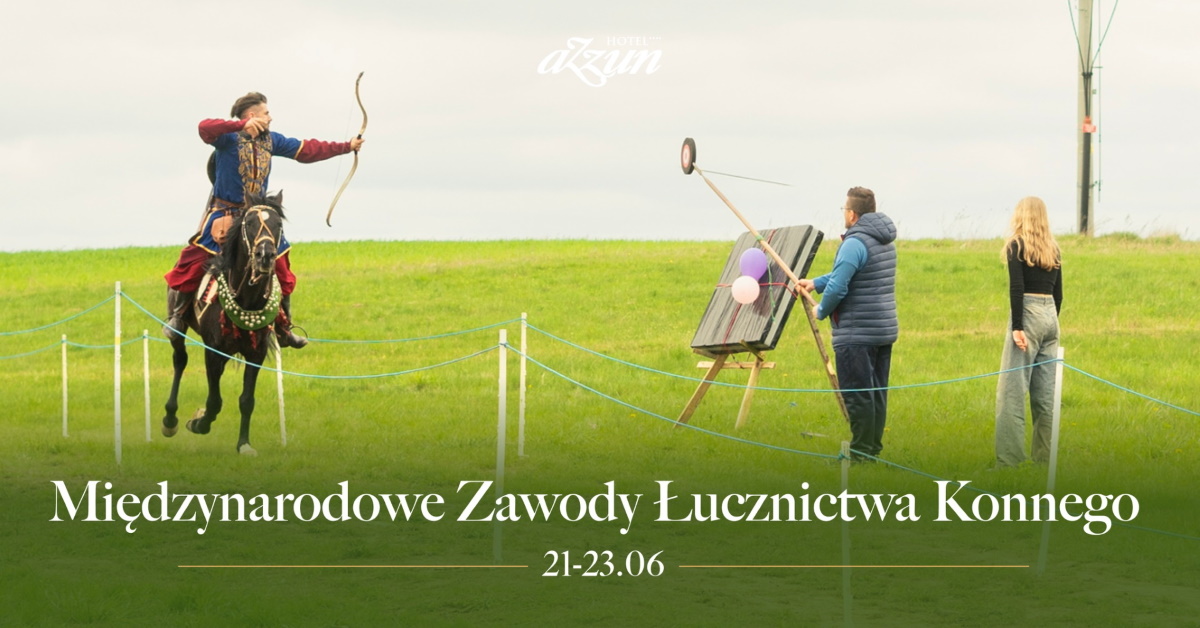 Plakat zapraszający w dniach 21-23 czerwca 2024 r. do miejscowości Kromerowo  gminie Barczewo na Międzynarodowe Zawody Łucznictwa Konnego Kromerowo 2024.  