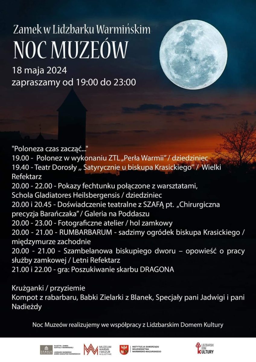 Plakat zapraszający w sobotę 18 maja 2024 r. do Zamku w Lidzbarku Warmińskim na Noc Muzeów - Zamek Lidzbark Warmiński 2024.