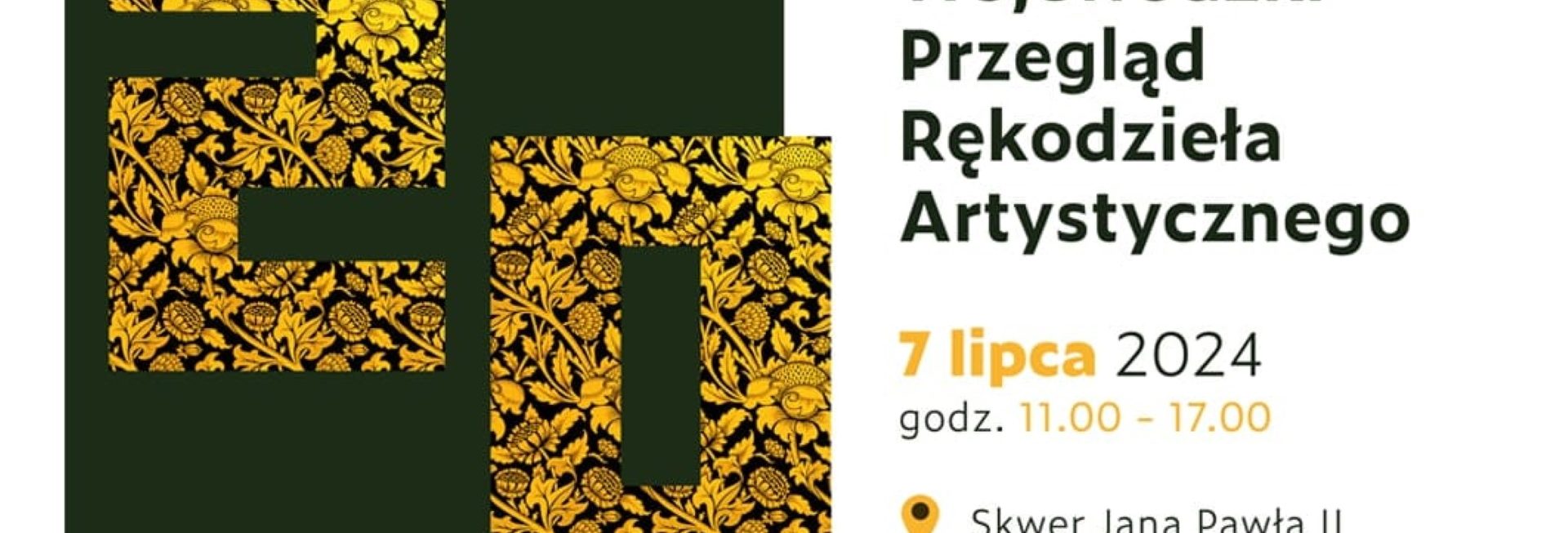 Plakat zapraszający w niedzielę 7 lipca 2024 r. do Mrągowa na 20. edycję Wojewódzkiego Przeglądu Rękodzieła Artystycznego! Mrągowo 2024.