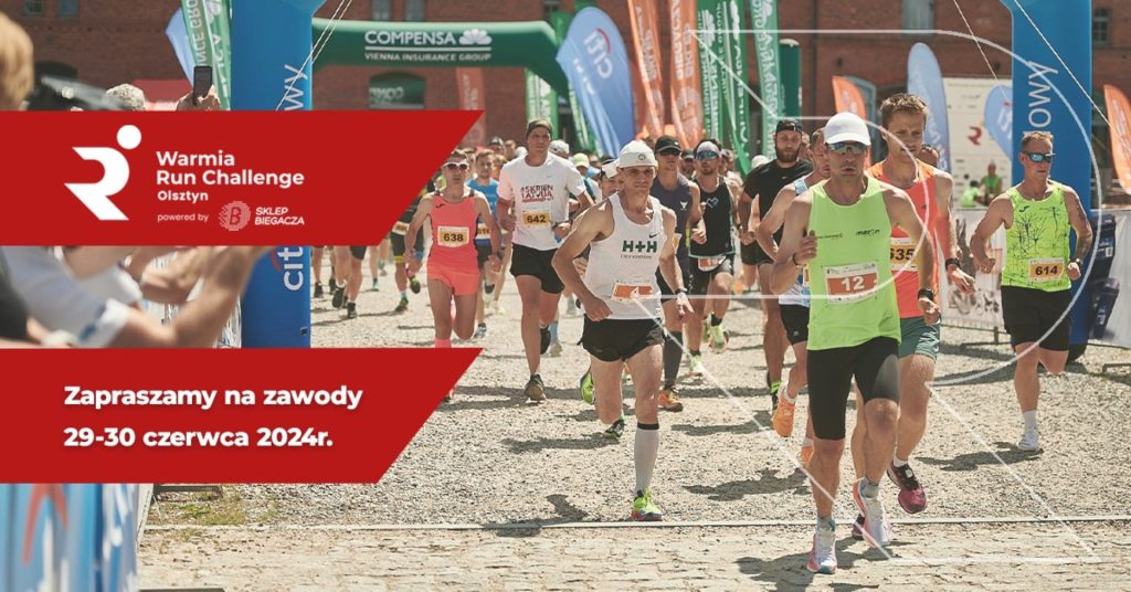 Plakat zapraszający w dniach 29-30 czerwca 2024 r. do Olsztyna na Festiwal Biegowy w Olsztynie - Warmia Run Challenge Olsztyn 2024.