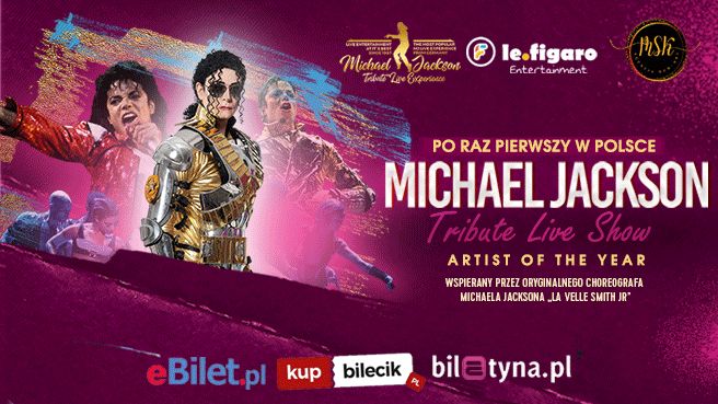 Plakat zapraszający w czwartek 13 czerwca 2024 r. do Olsztyna na koncert Tribute Live Show Michael Jackson Filharmonia Olsztyn 2024.