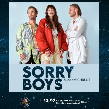 Plakat zapraszający w sobotę 13 lipca 2024 r. do Olsztyna na koncert zespołu Sorry Boys Olsztyn 2024.