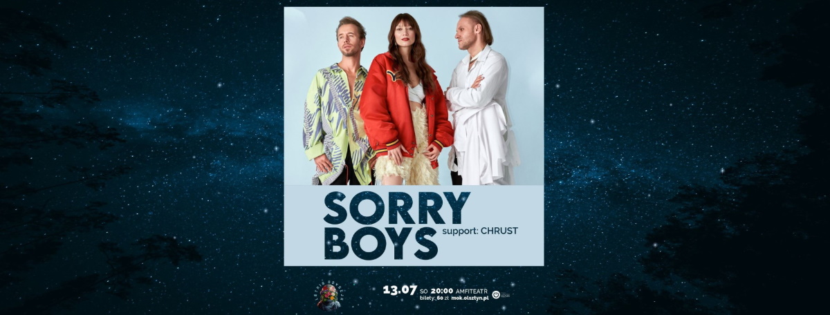 Plakat zapraszający w sobotę 13 lipca 2024 r. do Olsztyna na koncert zespołu Sorry Boys Olsztyn 2024.