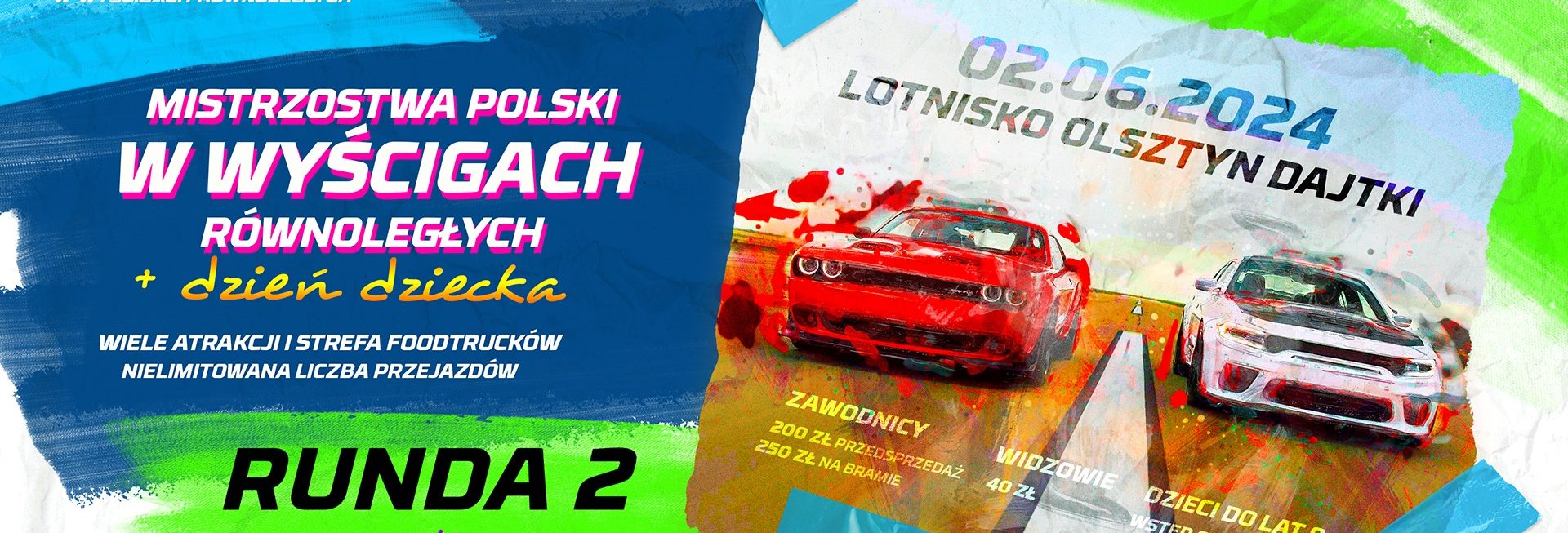 Plakat zapraszający w niedzielę 2 czerwca 2024 r. na Lotnisko Olsztyn-Dajtki na Mistrzostwa Polski w Wyścigach Równoległych Lotnisko Olsztyn-Dajtki 2024.