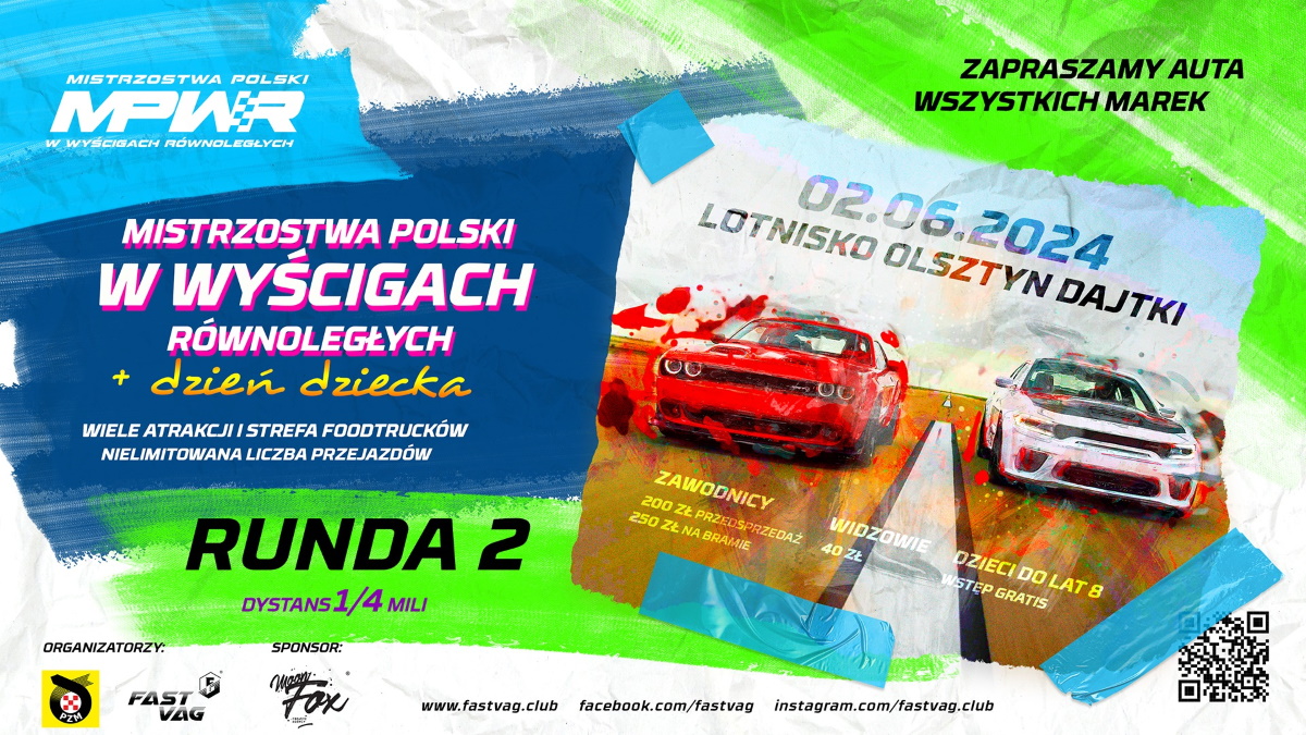 Plakat zapraszający w niedzielę 2 czerwca 2024 r. na Lotnisko Olsztyn-Dajtki na Mistrzostwa Polski w Wyścigach Równoległych Lotnisko Olsztyn-Dajtki 2024.