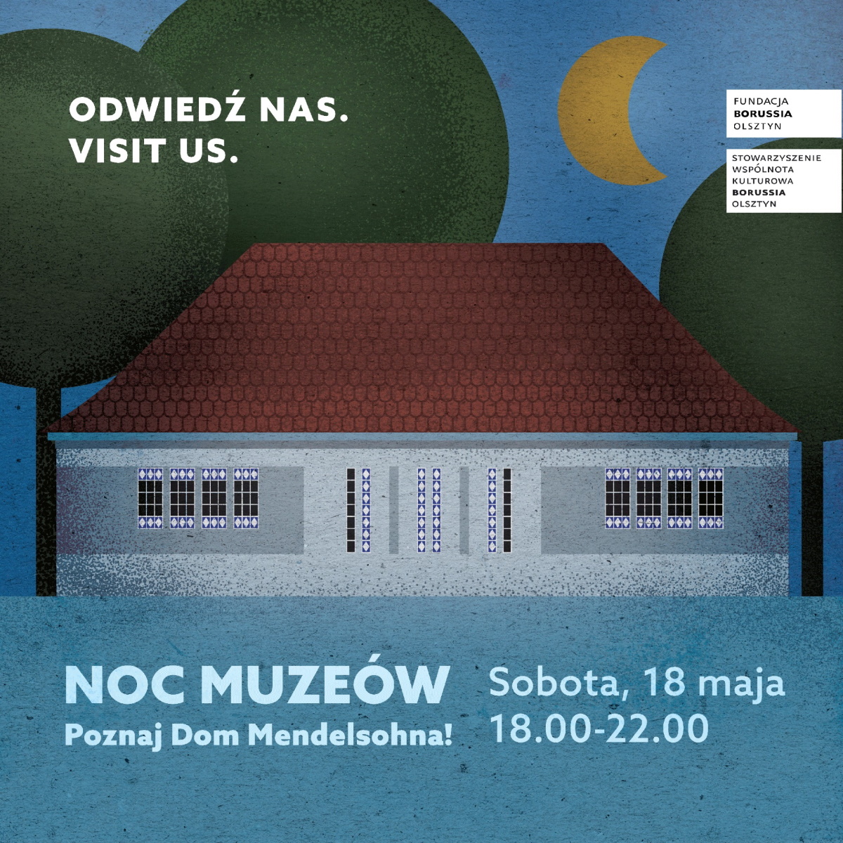 Plakat zapraszający w sobotę 18 maja 2024 r. do Olsztyna na Noc Muzeów w Domu Mendelsohna Olsztyn 2024.