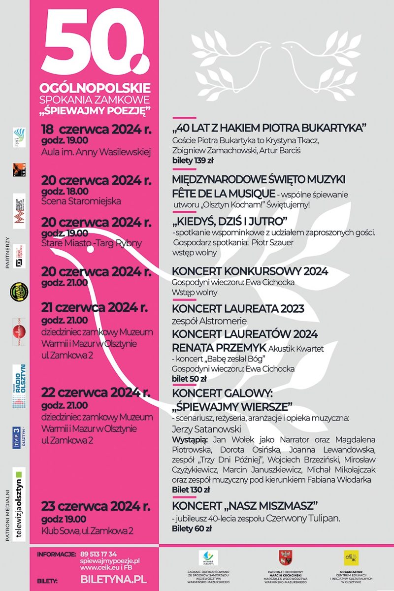Plakat zapraszający w dniach 18-23 czerwca 2024 r. do Olsztyna na 50. edycję Ogólnopolskich Spotkań Zamkowych "Śpiewajmy Poezję" Olsztyn 2024.