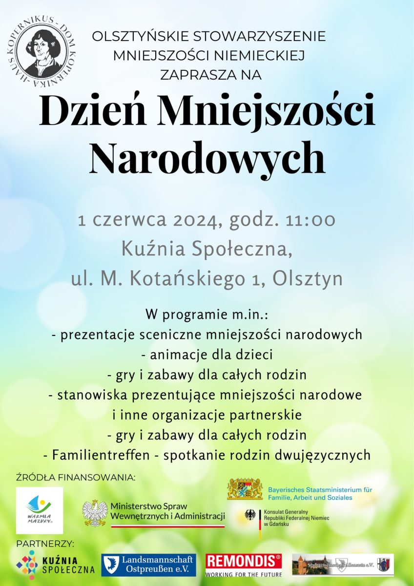 Plakat zapraszający w sobotę 1 czerwca 2024 r. do Olsztyna na Piknik Dzień Mniejszości Narodowych Olsztyn 2024.