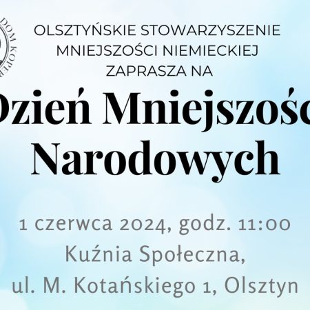 Plakat zapraszający w sobotę 1 czerwca 2024 r. do Olsztyna na Piknik Dzień Mniejszości Narodowych Olsztyn 2024.