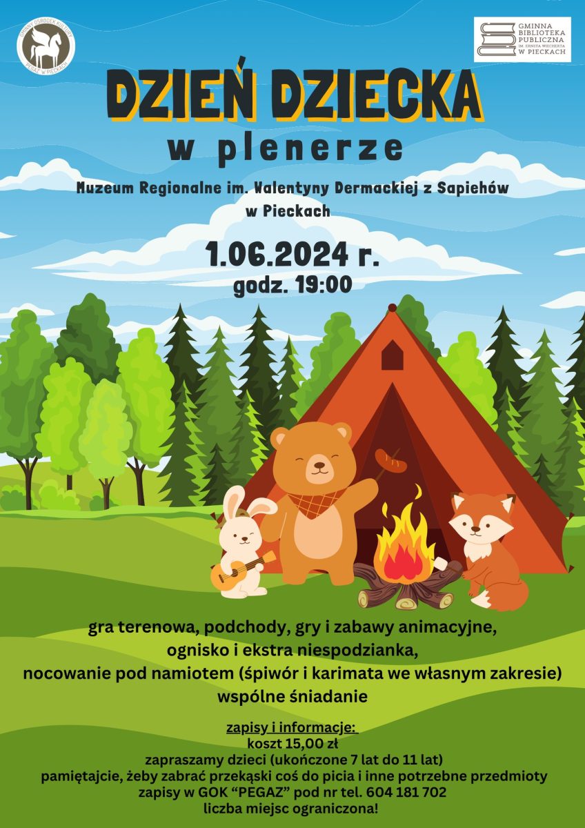 Plakat zapraszający w sobotę 1 czerwca 2024 r. do Piecek na Dzień Dziecka w "Plenerze" Piecki 2024.