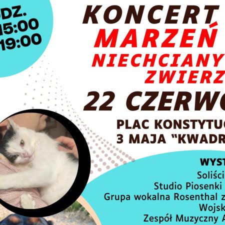 Plakat zapraszający w sobotę 22 czerwca 2024 r. do Bartoszyc na koncert Marzeń Niechcianych Zwierząt Bartoszyce 2024.