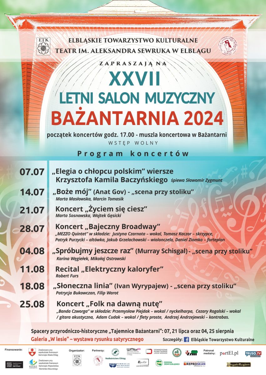 Plakat zapraszający do Elbląga na 27. edycję Letniego Salonu Muzycznego „Bażantarnia” Elbląg 2024.