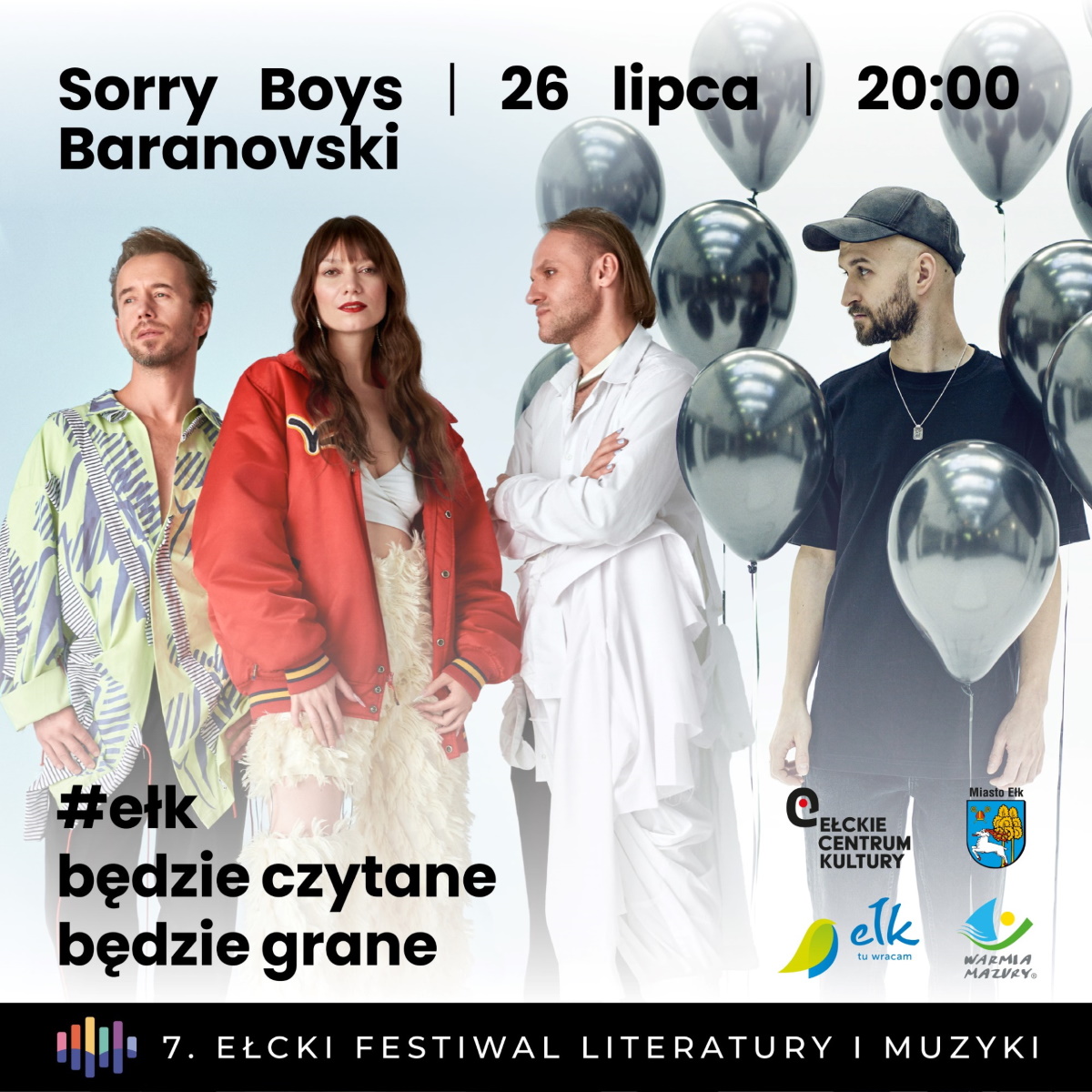 Plakat zapraszający w piątek 26 lipca 2024 r. do Ełku na koncert Baranovski & Sorry Boys Ełk 2024.