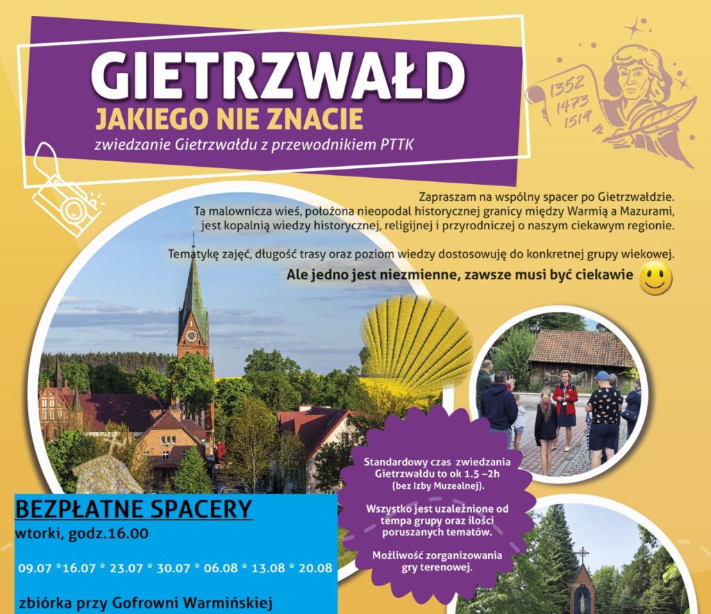 Plakat zapraszający do Gietrzwałdu na zwiedzanie Gietrzwałdu z przewodnikiem PTTK, Gietrzwałd - Jakiego nie znacie 2024.
