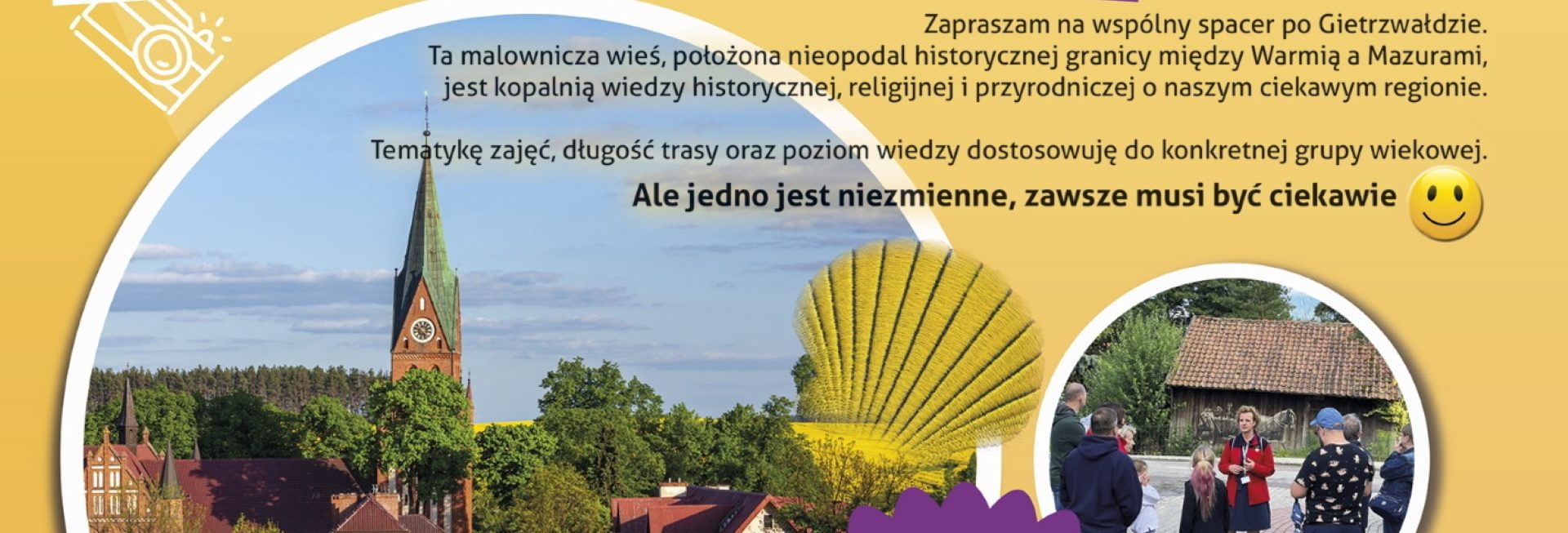 Plakat zapraszający do Gietrzwałdu na zwiedzanie Gietrzwałdu z przewodnikiem PTTK, Gietrzwałd - Jakiego nie znacie 2024.