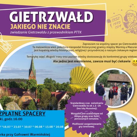 Plakat zapraszający do Gietrzwałdu na zwiedzanie Gietrzwałdu z przewodnikiem PTTK, Gietrzwałd - Jakiego nie znacie 2024.