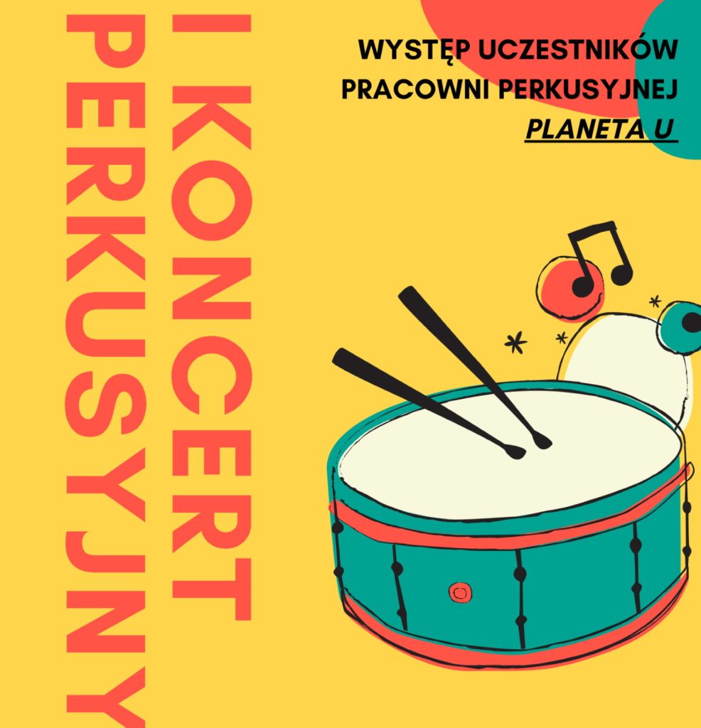 Plakat zapraszający w sobotę 8 czerwca 2024 r. do Gietrzwałdu na 1. edycję Koncertu Perkusyjnego Gietrzwałd 2024.