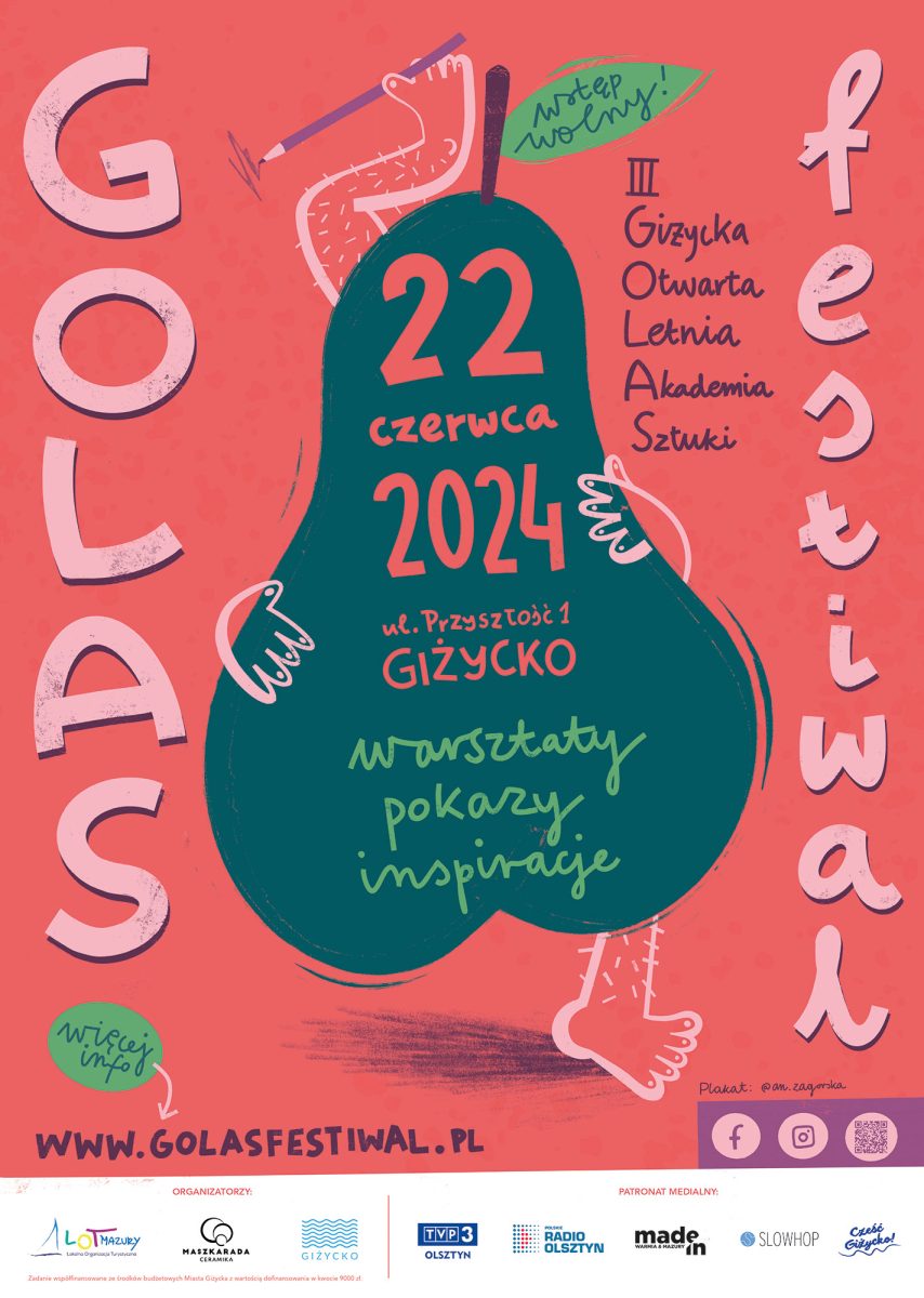 Plakat zapraszający w sobotę 22 czerwca 2024 r. do Giżycka na 3. edycję Festiwalu Golas Giżycko 2024.