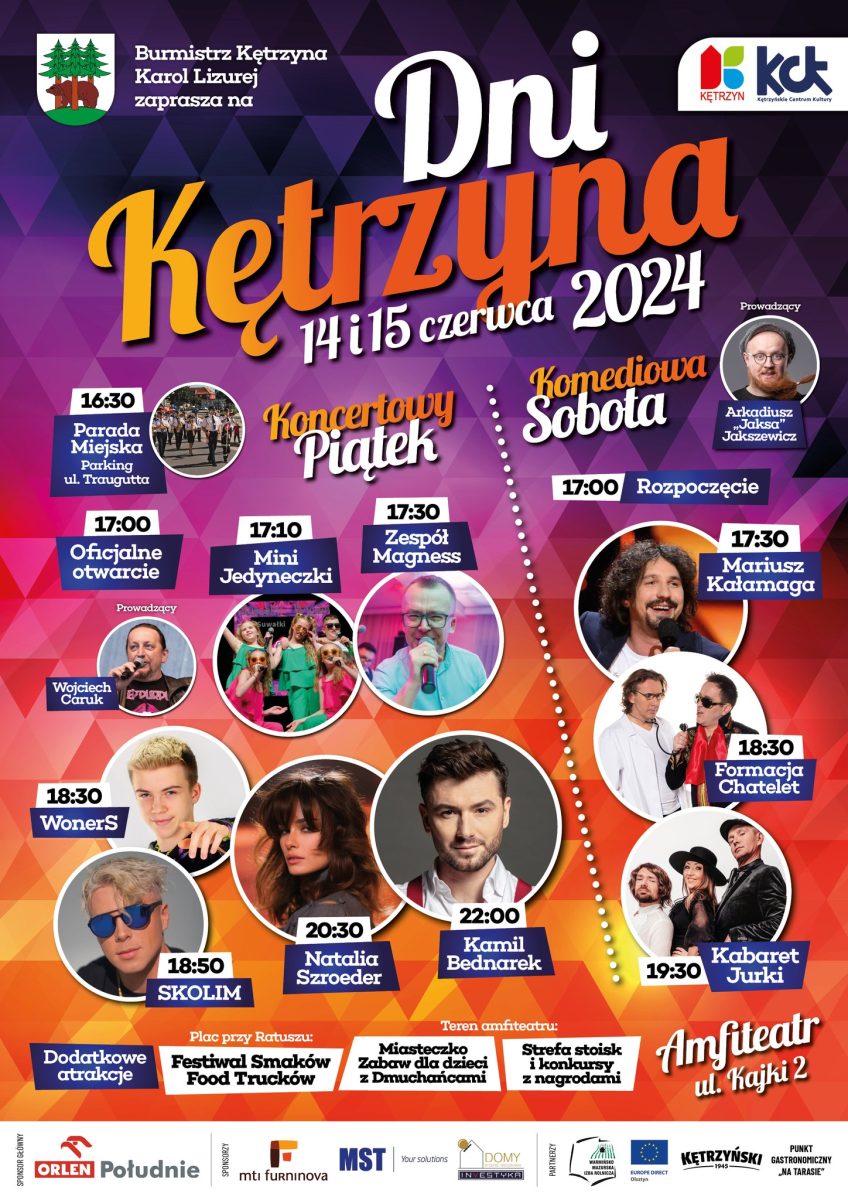 Plakat zapraszający w dniach 14-15 czerwca 2024 r. do Kętrzyna na coroczne święto miasta Dni Kętrzyna 2024.