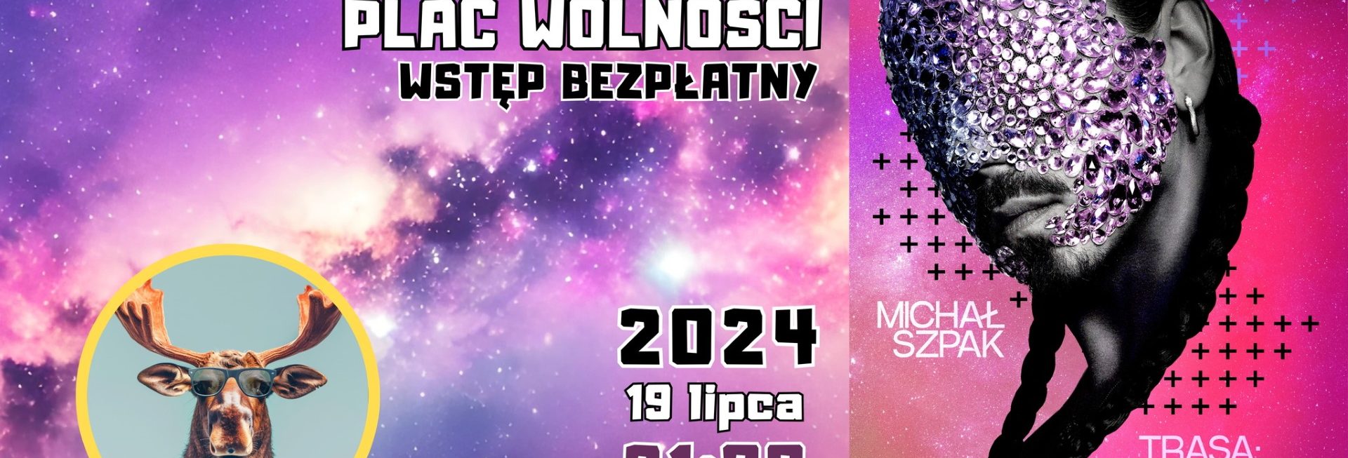 Plakat zapraszający w piątek 19 lipca 2024 r. do Olecka na koncert Michał Szpak - Trasa JowiszJa Przystanek Olecko 2024.