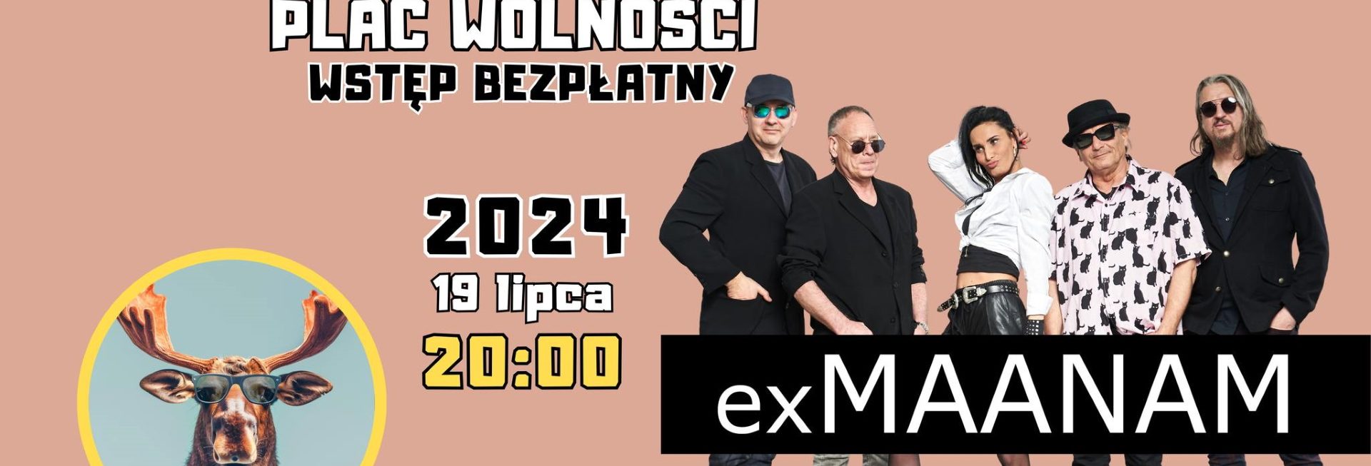 Plakat zapraszający w piątek 19 lipca 2024 r. do Olecka na koncert exMaanam Przystanek Olecko 2024.