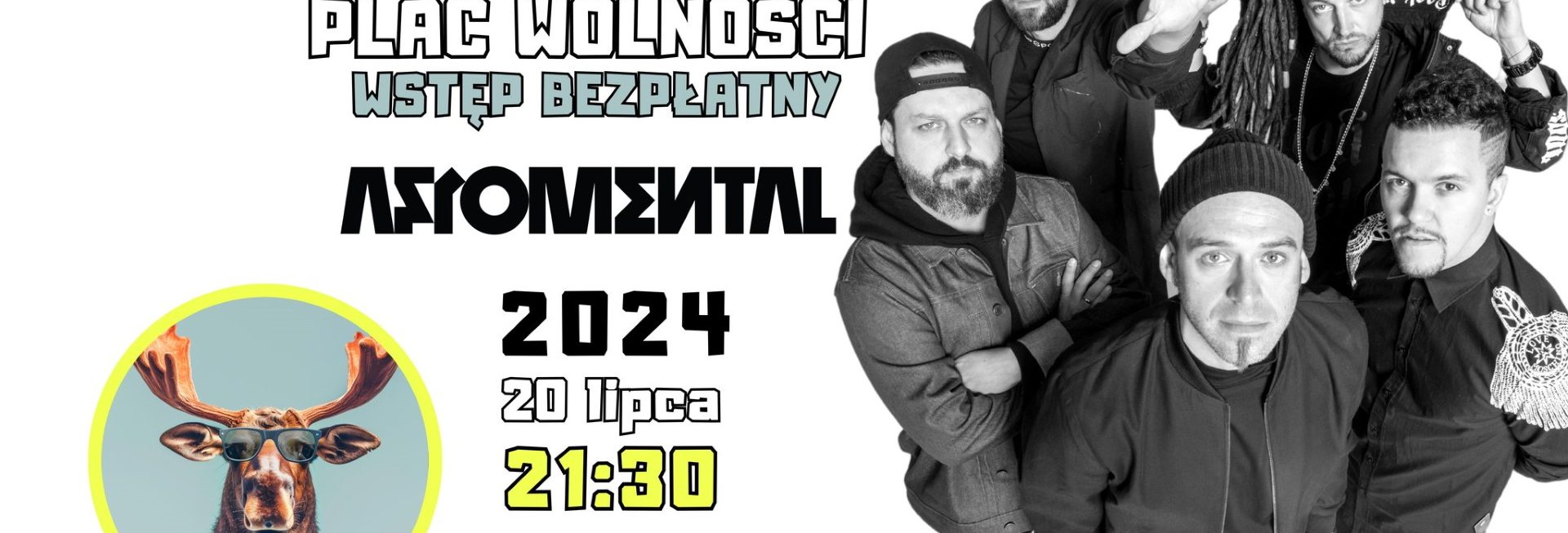 Plakat zapraszający w sobotę 20 lipca 2024 r. do Olecka na koncert zespołu Afromental Przystanek Olecko 2024