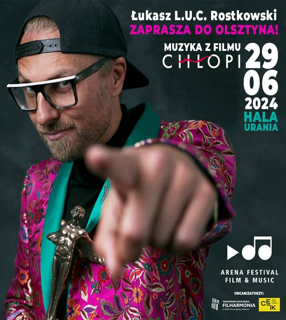 Plakat zapraszający w sobotę 29 czerwca 2024 r. do Olsztyna na Arena Festival film & music - Muzyka z filmu "Chłopi" Hala Urania Olsztyn 2024.