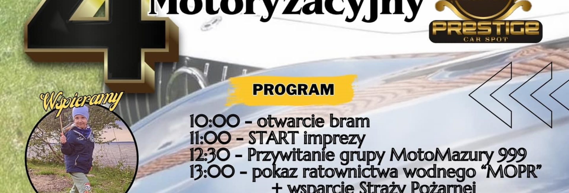 Plakat zapraszający w niedzielę 23 czerwca 2024 r. do Pisza na 4. edycję Mazurskiego Zlotu Motoryzacyjnego Pisz 2024.