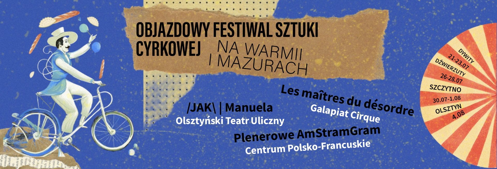 Plakat zapraszający na Objazdowy Festiwal Sztuki Cyrkowej na Warmii i Mazurach 2024.