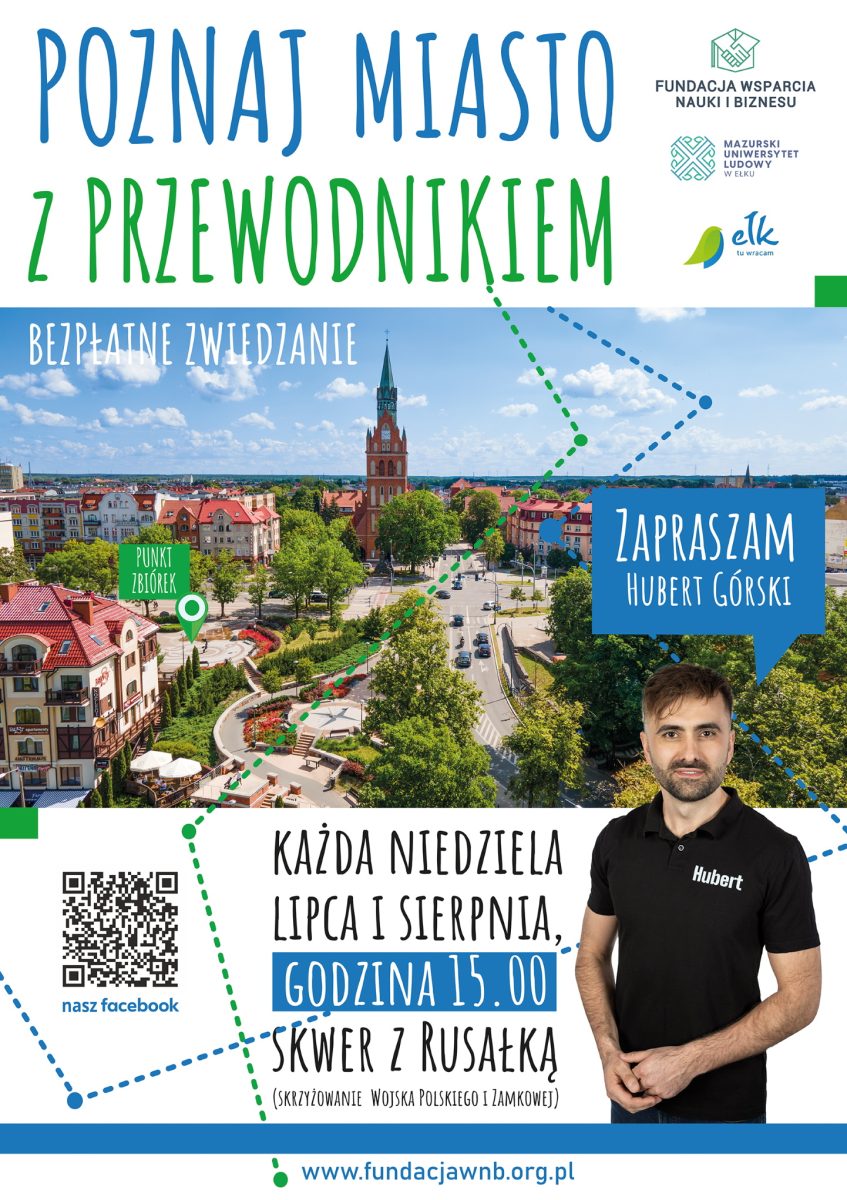 Plakat zapraszający w każdą niedzielę lipca i sierpnia 2024 r. do Ełku na zwiedzanie Ełku - "Poznaj Miasto z Przewodnikiem" EŁK 2024.