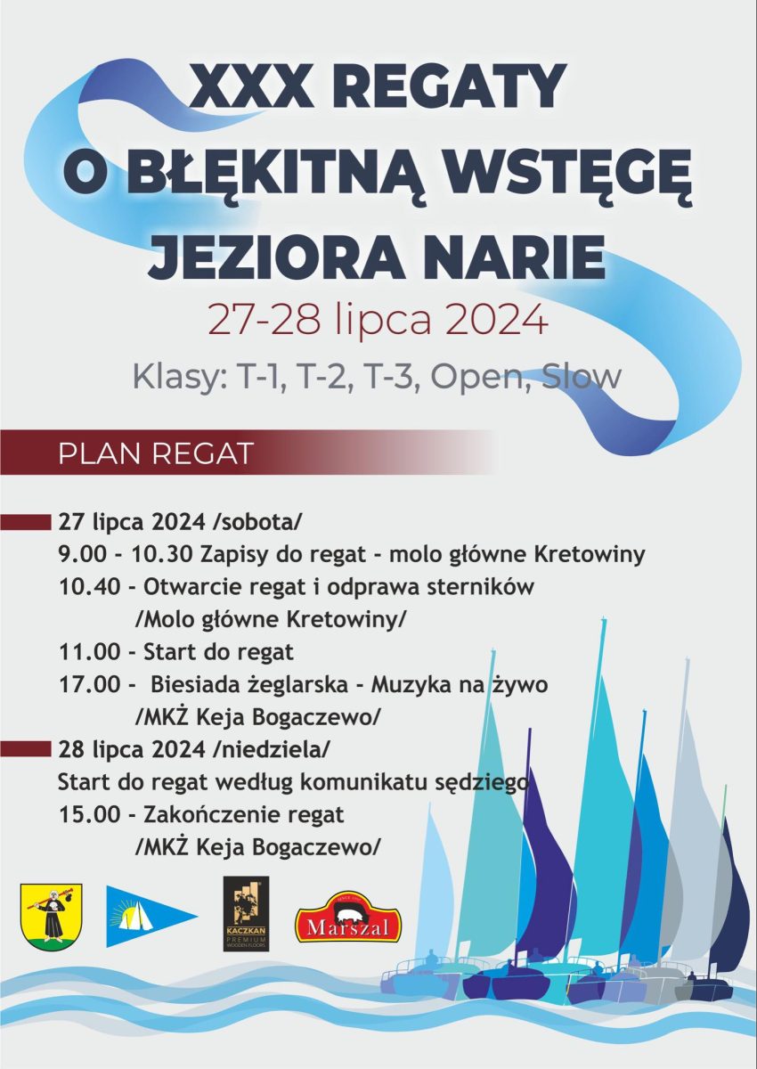 Plakat zapraszający w dniach 27-28 lipca 2024 r. do Kretowin na 30. edycję Regat o Błękitną Wstęgę Jeziora Narie 2024.