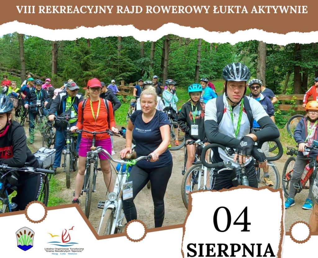 Plakat zapraszający w niedzielę 4 sierpnia 2024 r. do miejscowości Łukta w powiecie ostródzkim na Rekreacyjny Rajd Rowerowy Łukta Aktywnie Łukta 2024.