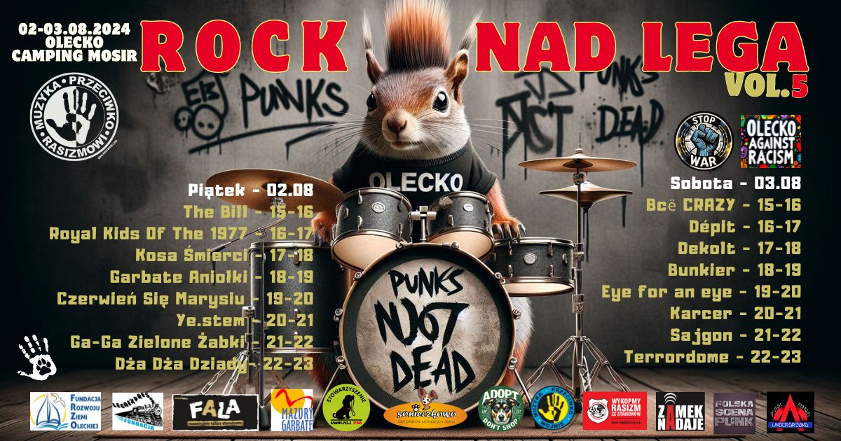 Plakat zapraszający w dniach 2-3 sierpnia 2024 r. do Olecka na Rock Nad Legą Olecko 2024.