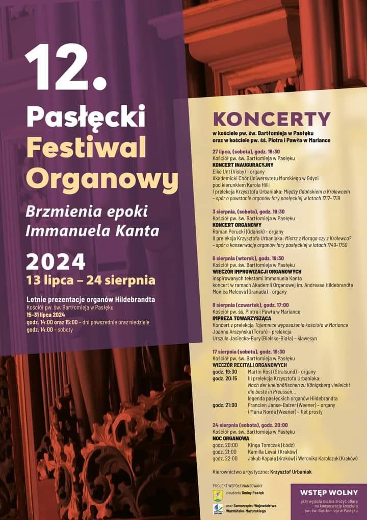 Plakat zapraszający do Pasłęka na 12. edycję Pasłęckiego Festiwalu Organowego Pasłęk 2024.