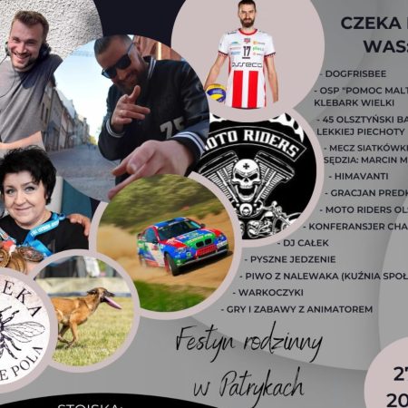 Plakat zapraszający w sobotę 27 lipca 2024 r. do miejscowości Patryki w gminie Purda na Festyn Rodziny w Patrykach 2024. 