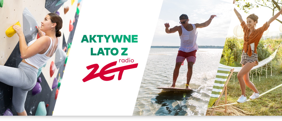 Plakat zapraszający na Aktywne lato z Radiem ZET 2024 na Warmię i Mazury.