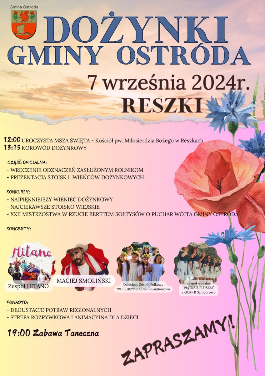 Plakat zapraszający w sobotę 7 września 2024 r. do miejscowości Reszki w gminie Ostróda na Dożynki Gminne Ostróda 2024.