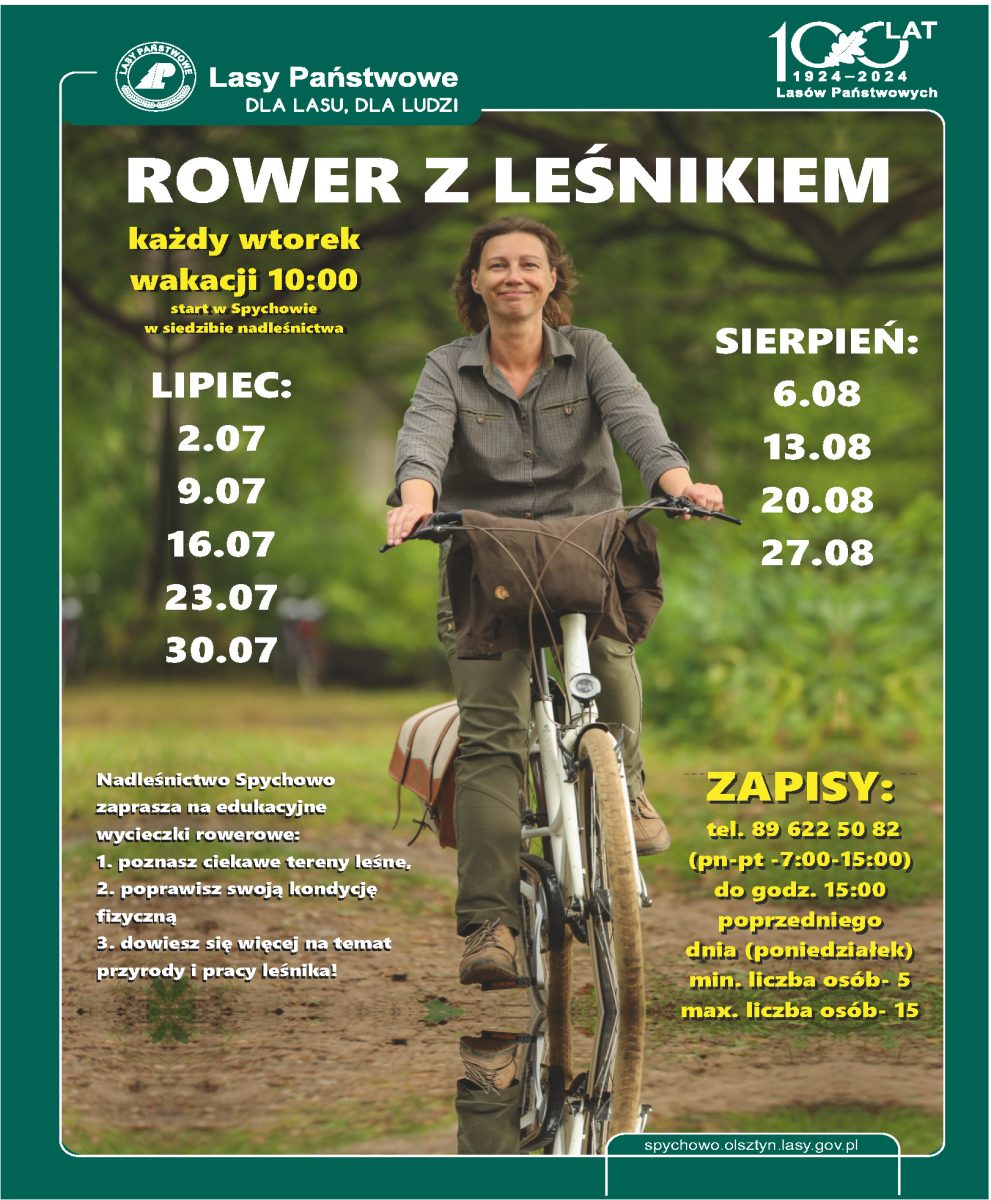 Plakat zapraszający w każdy wtorek wakacji 2024 r. do Spychowa na wycieczkę rowerową - "Rower z Leśnikiem" Nadleśnictwo Spychowo 2024.