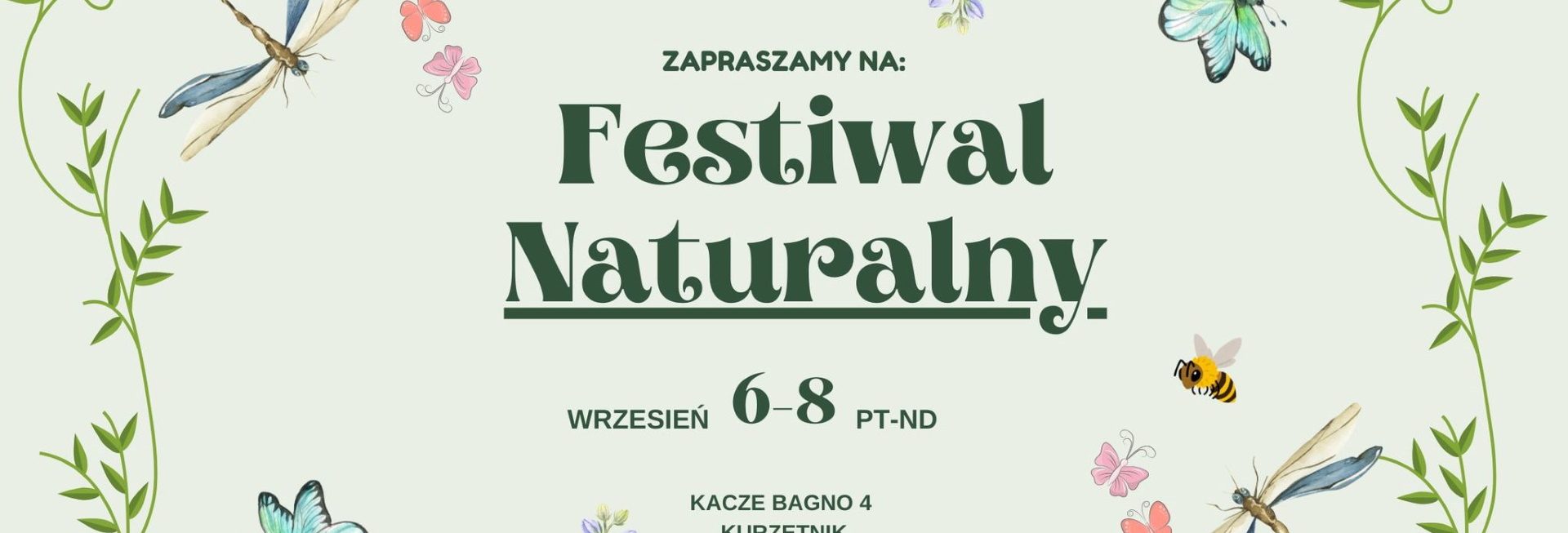 Plakat zapraszający w dniach 6-8 września 2024 r. do osady Wybodowanie w gminie Kurzętnik na Festiwal Naturalny Kacze Bagno 2024.